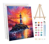 Jawecci Sunset Scenery Framed Painting by Numbers Kits for Adults, Lighthouse Paint by Numbers with Wooden Holder Canvas, Easy DIY Pigment Drawing Paintwork 30x40cm