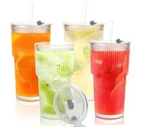 Jawell 4PCS 550ML Ribbed Glass Tumblers, Glass Cups with Lids and Straws, Iced Coffee Cup, Clear Leakproof Tumbler Cup for Ice Coffee, Cocktail, Matcha, Smoothie, Juice, Cold Beverages