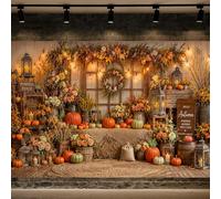 JAWO 10X8ft Rustic Barn Fall Harvest Backdrop, Autumn Floral Pumpkin Lantern Wooden Floor Background for Thanksgiving Friendsgiving Party, Family Portrait Photoshoot Photo Booth Studio Decor Banner