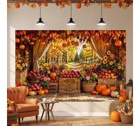 JAWO 7X5ft Rustic Wooden Cabin Fall Harvest Backdrop, Autumn Maple Leaf Pumpkin Red Apple Sunflower Forest Background for Thanksgiving, Family Photoshoot Photo Booth Studio Party Decor Banner