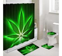 JAWO Cannabis Leaf Shower Curtain Sets with Bath Rug Mat, Contour Mat and Toilet Lid Cover, Weed Leaf Green Marijuana Leaf Weed, Shower Curtain Set Weed Rug with Hooks, 69x70 Inches