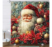 JAWO Christmas Shower Curtain for Bathroom, Retro Santa Claus Floral Merry Christmas Shower Curtain Set, Red Xmas Holiday Fabric Bath Accessories Curtains Decor with Hooks，color2,72X72