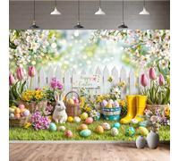 JAWO Easter Backdrop Spring Flower Garden Photo Background, Rabbit Colorful Eggs Green Grass Lawn Fence Easter Backdrops for Photography, Baby Children Birthday Party Decorations Banner