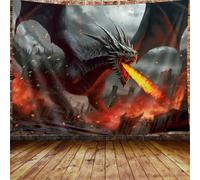 JAWO Fantasy World Tapestry Wall Hanging, Medieval Red Dragon and Human War Mythology Themed Art Tapestries Home Decoration Wall Decor (60W X 40H)