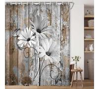 JAWO Farmhouse Flower Floral Shower Curtain, Rustic Grey Daisy Shower Curtain Set, Country Grey Wild Garden Plant Fabric Shower Curtain with Hooks, Brown Wooden Board Bathroom Curtain, 60x70inch