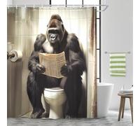 JAWO Funny Gorilla Shower Curtain, Gorilla Sitting on The Toilet Reading a Newspaper Shower Curtains, Fun Orangutan Wild Animal Masculine Humor on Toilet Quirky Animal Grey Shower Curtains