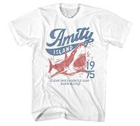 Jaws T Shirt Amity Island 1975 Clear Skies Gentle Surf Adult Short Sleeve T Shirts Graphic Tees, White, Medium