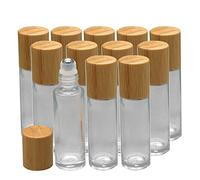 JAWSEU Pack of 12 clear 10 ml glass bottles empty with bamboo lid, rollon glass bottles, refillable bottle for essential oil, perfume bottles with roller ball for cosmetic containers, travel,