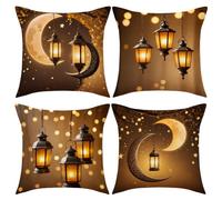 JAWSEU Ramadan Decorative Cushion Covers 4 PCS Ramadan Pillowcase 45cmx45cm Eid Mubarak Cushion Cover Eid Ramadan Moon Lantern Pillowcase for Ramadan Party Sofa Bed