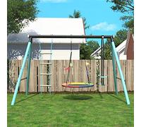 Jaxenor Kids Swing Set with Nest tree Swing, Metal Garden Swing Set with Seesaw Height Adjustable, Climbing Ladder, Kids Garden Play Equipment for Children over 3 Years Old, Blue