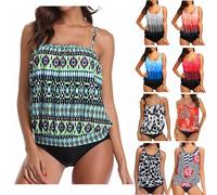 JAXICH Plus Size Swimming Costume Women Bandeau Tummy Control Tank Top with Brief Two Piece Floral Printed Bathing Suits Halter V Neck Women Bikini Set Swimwear Padded High Waist Swimsuit Sale