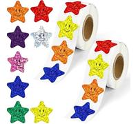 JAXICREY 1000 Pcs Star Stickers, 2.5 cm Self Adhesive Smiley Face Star Stickers for Reward Chart, Coloured Sticky Stars, Small Sparkly Sticker Stars for Children, Students, Teachers, School Crafting