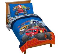 Jay Franco Kids Comforter Set Includes Sheets and Pillow Covers - Soft and Cozy Bed Set for Stylish Room Decor, Blue - Blaze and The Monster Machines, 4 Piece Toddler Size Bedding