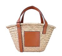 JAYAVENTURA Straw Basket Tote Bag for Women PU Leather Strap Hollow Woven Top Handle Straw Purses and Handbags, Brown-14in-medium, M, fashion