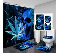 Jayden Madge 4PCS Blue Skull Shower Curtain Set, Psychedelic Hippie Scary Smoking Skeleton Trippy Marijuana Ganja Weed 420 Halloween Gothic Bathroom Decor, Non-Slip Bath Mat Toilet Rug, Cannabis Leaf