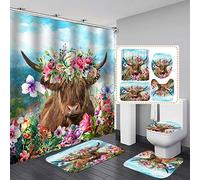 Jayden&Madge 4PCS/SET Farmhouse Rustic Highland Cow with Wreath Shower Curtain, Floral Bathroom Decor, Waterproof Polyester Fabric Bath Curtain, Non-slip Bathroom Mat Toilet Rug Bath Mat, Flower Field