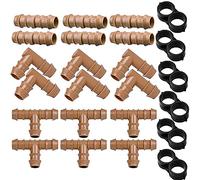 JAYEE 24P Drip Irrigation Fittings Kit for 1/2" Tubing (.600 ID), 17mm Parts- 6 Tees, 6 Couplings, 6 Elbows,6 End Cap Plugs- Barded Connectors for Rain Bird Pipe and Sprinkler Systems (24 Pieces Set)