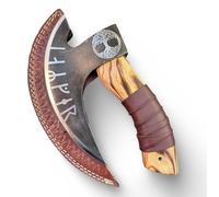 Jayger Handmade Carbon Steel Pizza Cutter | Viking-Inspired Pizza Slicer with Ash Wood Handle & Leather Wrapping | Norse Rune Design | Durable Blade & Leather Sheath