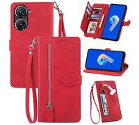 JayModCase Zipper Wallet Case Compatible with Asus Zenfone 10 / 10Z /9 5G /9z, PU Leather Flip Case, with Wristlet Magnetic Closure Kickstand TPU Shockproof Cover for Asus Zenfone 10Z - Red