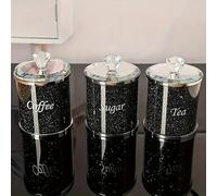 JAYOGLA Black Crystal Canisters For Coffee, Tea, Sugar, 15cm, Crushed Diamond Set