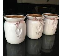 JAYOGLA Ceramic Kitchen Storage Canisters, Tea Coffee Sugar Containers with Bamboo Lids, White, Set of 3
