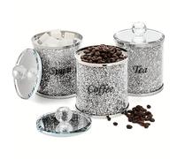 JAYOGLA Crystal Crushed Diamond Tea Coffee Sugar Canister Jars Kitchen Storage Silver Trimmings Crystal Filled Black Writing