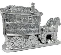 JAYOGLA Crystal Horse and Caravan Ornament, Crushed Diamond Effect, Silver Decorative Wagon