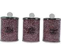 JAYOGLA Crystalized Crushed Diamond Gift Diamante Tea Coffee Sugar Canisters Jars Storage Trimmings Crystal Filled Kitchen Organiser Containers Set Kitchen Decoration (PINK)