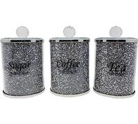 JAYOGLA Crystalized Crushed Diamond Gift Diamante Tea Coffee Sugar Canisters Jars Storage Trimmings Crystal Filled Kitchen Organiser Containers Set Kitchen Decoration (SILVER)