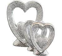 JAYOGLA Decorative Heart Sculptures Set of 3, Silver Glitter Ceramic, 25cm x 20cm, Wedding Anniversary Home Decor