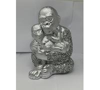 JAYOGLA Elegant Creations Silver Sparkle Bling Crushed Diamond Monkey With Baby Ornament Luxurious Home Decor Accent, For Animal Lovers - 22cm