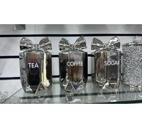 JAYOGLA Silver Ceramic Tea, Coffee and Sugar Canister Set with Bow Lids, 3-Piece Kitchen Storage Containers, Metallic