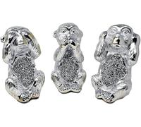 JAYOGLA Silver Sparkle Ornament Bling Crushed Diamond Gift, Silver Hear-No, See-No, Speak-No Evil Monkeys Animal Statue, 10cm, Home Decor