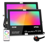 Jayool LED Floodlight Outdoor 500W Equivalent 5000LM, Smart RGB Flood Lights with APP, Colour Changing - Warm White 2700K - Timing - Scene- IP 66, UK 3-Plug, 2 Pack