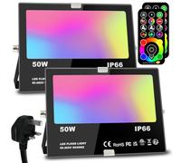 Jayool LED Floodlight Outdoor 50W 5000LM, Flood Lights Colour Changing, 120 RGB Colours- Warm White-Timing-Remote Control - 5 Modes, IP66 Waterproof, UK 3-Plug (2 Pack)