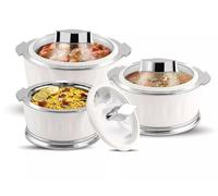 Jaypee Dazzle Casserole Set of 3 Insulated Hot Pots with Glass Lid White or Beige - 1000ml, 1500ml, 2000ml Food Warmer for Kitchen & Serving (White)