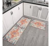 Jayruit AntiFatigue Cushioned Kitchen Rug Set of 2 with Non Slip Backing and Waterproof Polyester Offering Absorbency and Slip Resistance for Busy Kitchen Use (Flowers and colors)