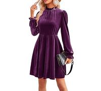 Jayscreate Women's 2023 Velvet Dress Elastic Waistline Fall Long Sleeve Wedding Guest Short Wrap Tunic Formal Dress, Purple, S