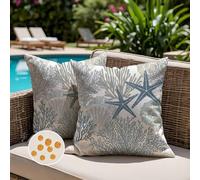 Jayusaror Outdoor Cushion Cover 45 x 45 cm Waterproof Navy Blue Nautical Coastal Starfish Summer Beach Themed Ocean Seashell Coral Starfish Decorative Pillow Cases for Sofa Garden Set of 2