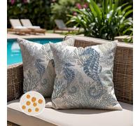 Jayusaror Outdoor Cushion Cover 45 x 45 cm Waterproof Navy Blue Nautical Coastal Starfish Summer Beach Themed Ocean Seashell Coral Seahorse Decorative Pillow Cases for Sofa Garden Set of 2