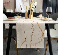 Jayusaror Table Runner White and Gold Modern Dining Table Centrepiece Marble Textured Abstract Art Washable Farmhouse Small Table Runner for Coffee Dining Dresser End Table Bedroom 33 x 183 cm