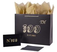 Jaywayang 100th Birthday Black Large Gift Bag with Card and Tissue Paper, Metallic Printing Keepsake Gift Vintage Bag for Men Women, 1924 Grandparents 100 Year Old Party Paper Bag for Gifts Wrapping,