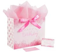 Jaywayang 15.7" Extra Large Pink Happy Birthday Gift Bag with Ribbons, Card and Tissue Papers for Girl Women Birthday Party.
