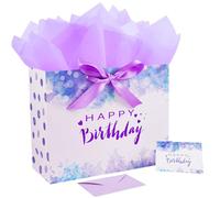 Jaywayang 15.7" Extra Large Purple Happy Birthday Gift Bag with Ribbons, Card and Tissue Papers for Girl Women Birthday Party.