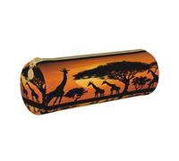 JAYWIS (Africa Giraffe Majestic Tree) Print Leather Pencil Case with Zipper Crossgrain Design, Compact Cylinder Organizer for School,Office & Travel