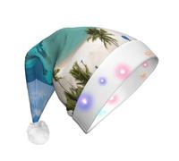 JAYWIS Beach and Palm Tree -Print Adult Plush Light-Up Christmas Hat Led Effects, Festive Santa Headwear For Parties Gatherings Events.