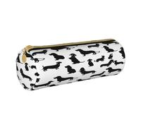 JAYWIS (Black Dogs Dachshund Dog) Print Leather Pencil Case with Zipper Crossgrain Design, Compact Cylinder Organizer for School,Office & Travel
