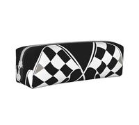 JAYWIS (Black White Formula Checkered Flags Pattern) Print Leather Pencil Case with Zipper Handmade Crossgrain,Compact for School,Office & Travel