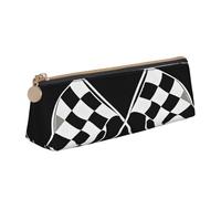 JAYWIS (Black White Formula Checkered Flags Pattern) Print Triangular Leather Pencil Case-Crossgrain Organizer for School, Office & Travel,Premium Zipper Design