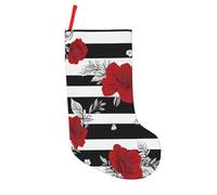 JAYWIS Black White Stripes Red Rose Flowers -Print 18 Inch Patchwork Christmas Stockings - Large Holiday Decor With Hanging Loop For Festive Home Gift Giving.